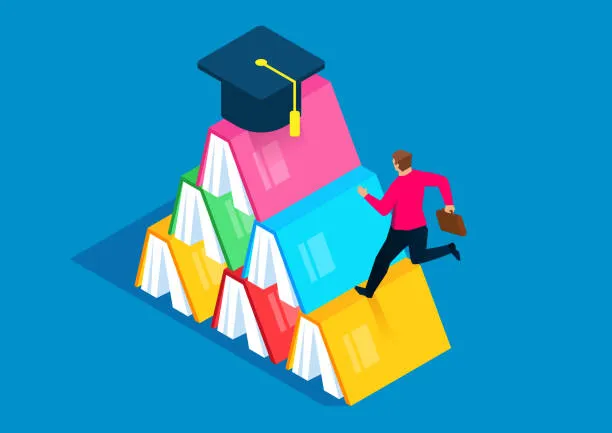 man-climbing-pyramid-of-books-to-get-scholar-hat